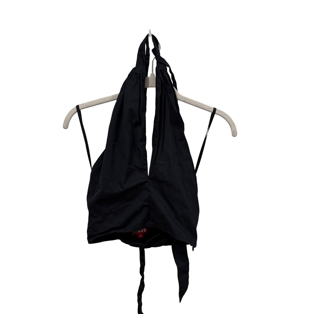Staud Black Halter Wrap Crop Top Deep V-Neck‎ Size 0 Cotton Blend Side Zip